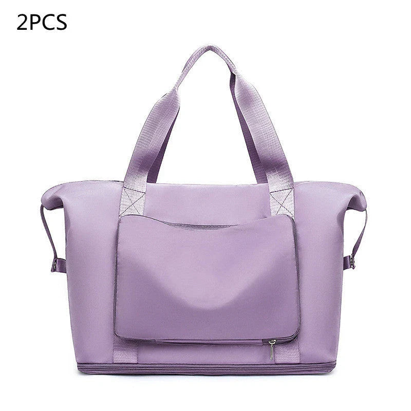 Roomy and foldable gym bag for women with waterproof Oxford fabric, multiple pockets, and wet/dry separation compartment