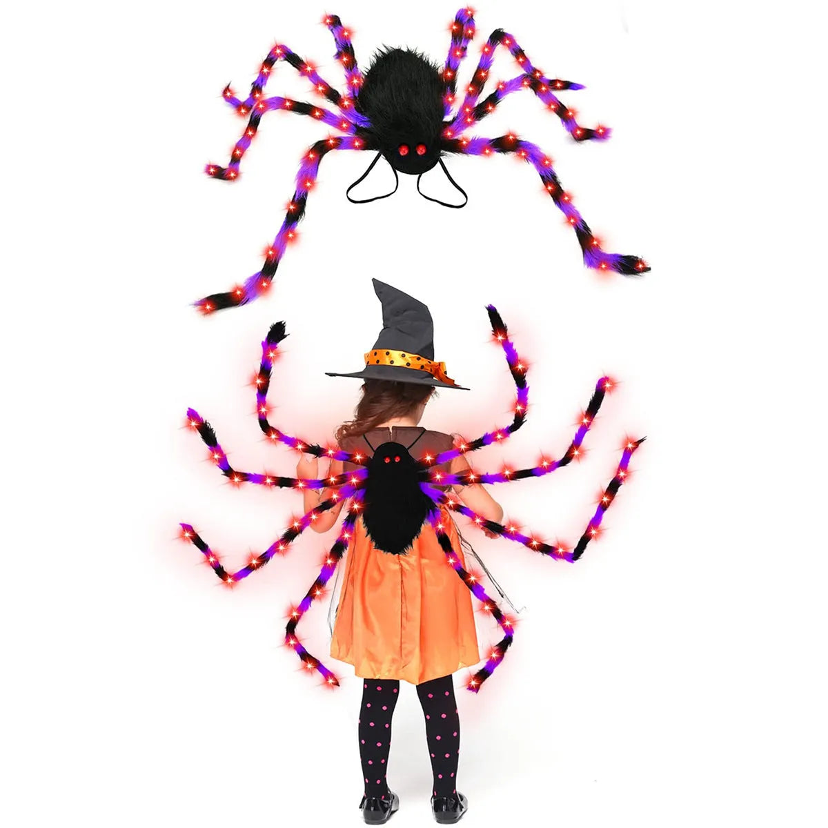 Halloween spider backpack with LED lights in plush material, available in multiple sizes and colours