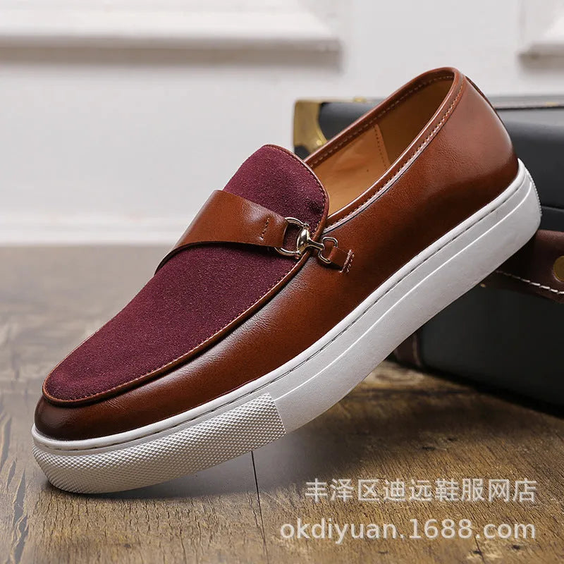 Men's black slip-on loafers with horsebit buckle and round toe, artificial leather upper