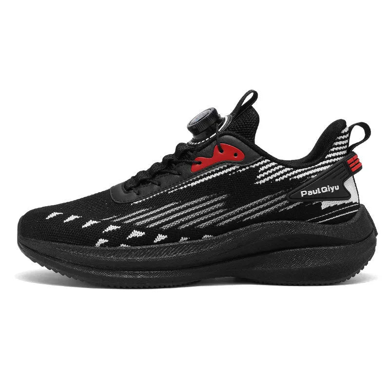 Men's white green and grey rotating buckle Fly-kit mesh casual sports running shoes on a flat sole.