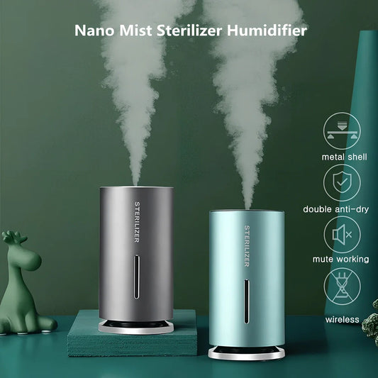 Compact aluminium humidifier with UV light, 65x65x115mm, black/green/purple colours, water tank visible