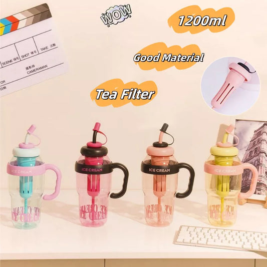Cartoon design plastic water bottle with straw, 1200ml capacity, available in pink, purple, red, black, yellow