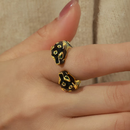 Women's black cheetah open ring with oil dripping design on copper in size 7