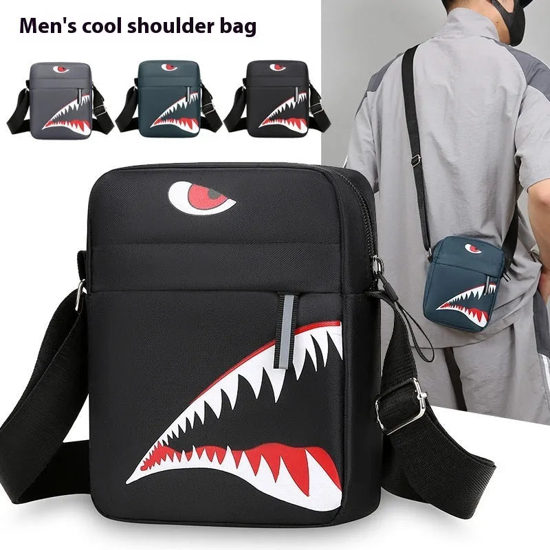Men's small black crossbody bag with animal pattern printing and oxford cloth construction