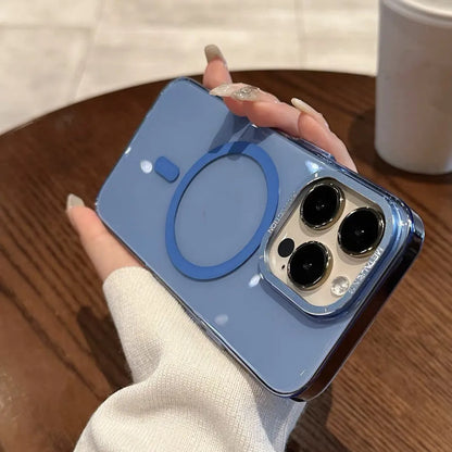 Transparent magnetic phone case with metal lens frame and independent metal buttons for iPhone 12 to 15 Pro Max