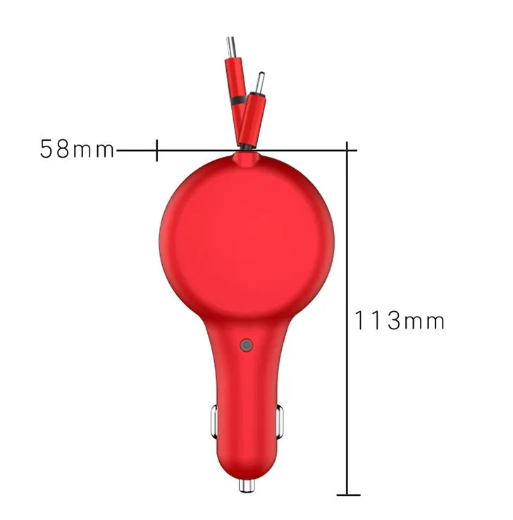 Black retractable car charger with extended cables showing three charging heads for Type-C, iPhone, and USB devices