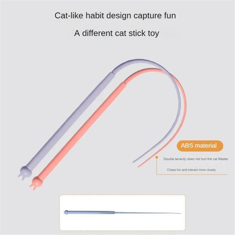 Blue simulated mouse tail cat toy with silicone tail and cat head design on a stick.