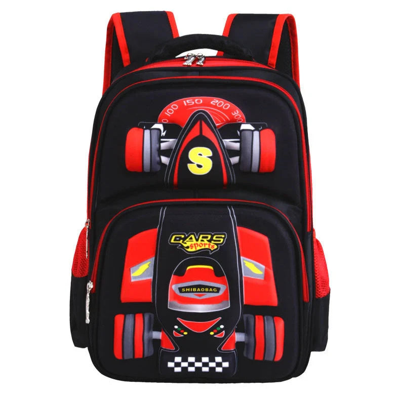 Three-dimensional car design trolley school bag with 56-75 litre capacity for primary school boys, featuring breathable polyester-nylon construction and urban simplicity style in blue, green or red
