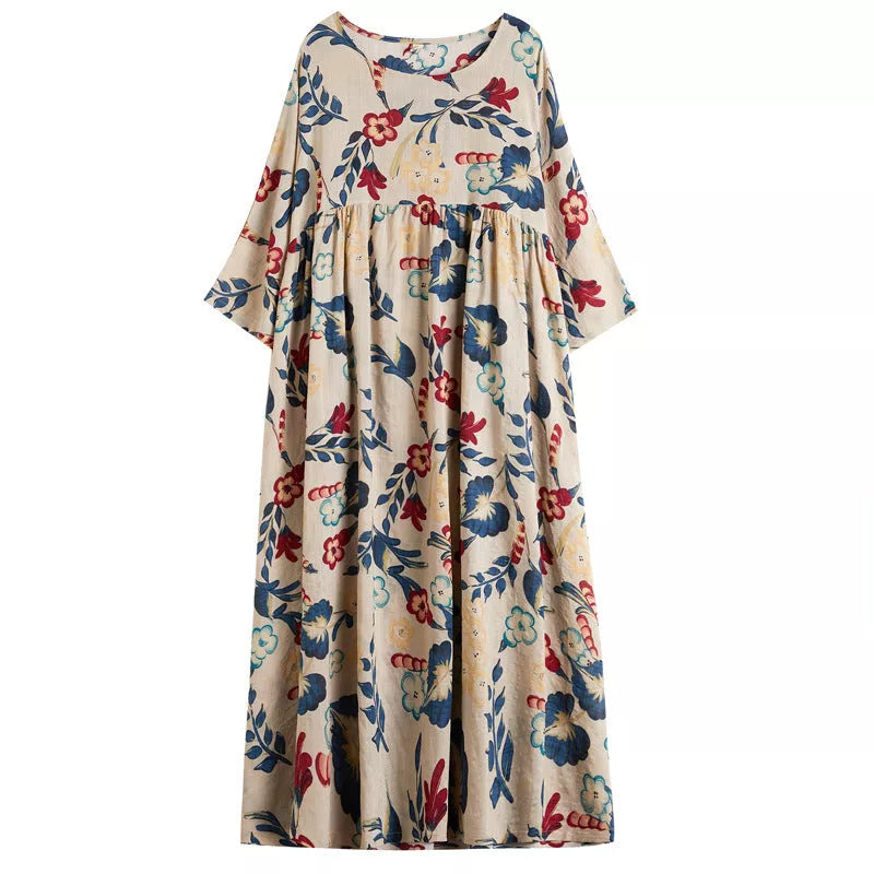 Plus size cotton linen print dress with loose panel design in apricot