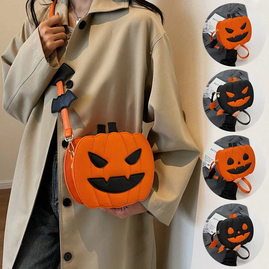 Stylish Halloween crossbody bag with pumpkin cartoon and bat design, available in multiple vibrant colors