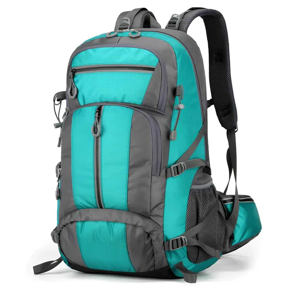 Black 50-litre fishing backpack with multiple compartments and adjustable shoulder straps