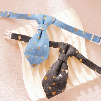 Designer dog collar with long tie and golden star, adjustable S 14-20cm or M 19-32cm, black or blue