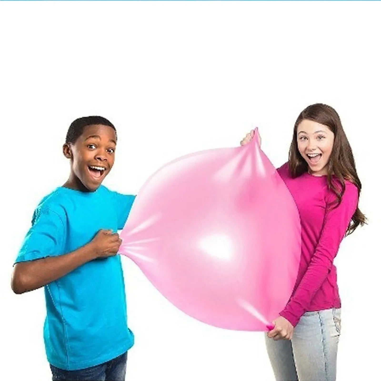 Large pink, yellow, green, and blue inflatable bouncy balls in various sizes for children's play.