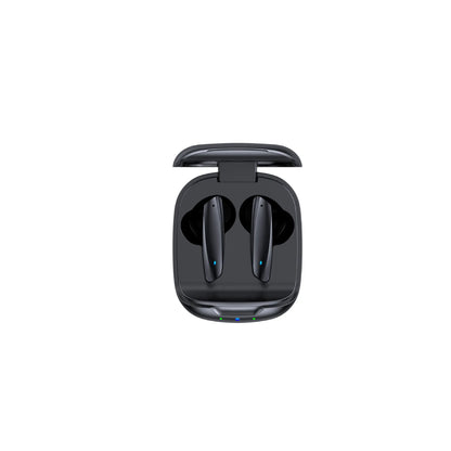 Black and white TWS Bluetooth headphones with USB charging case showing wireless earbuds