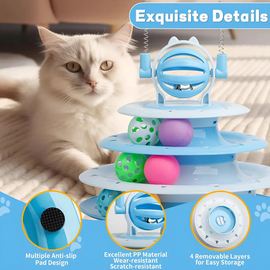 Four-tier rotating interactive cat puzzle toy with coloured balls and teasing rods on a non-slip base.