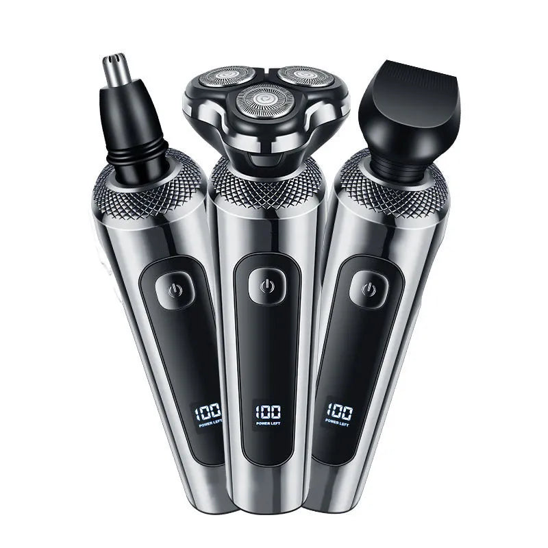 USB rechargeable beard trimmer with digital display and floating cutter head on five-in-one base bracket