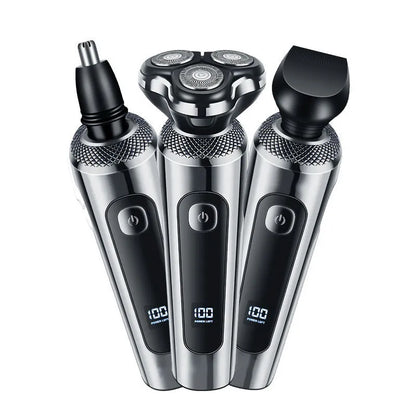 USB rechargeable beard trimmer with digital display and floating cutter head on five-in-one base bracket