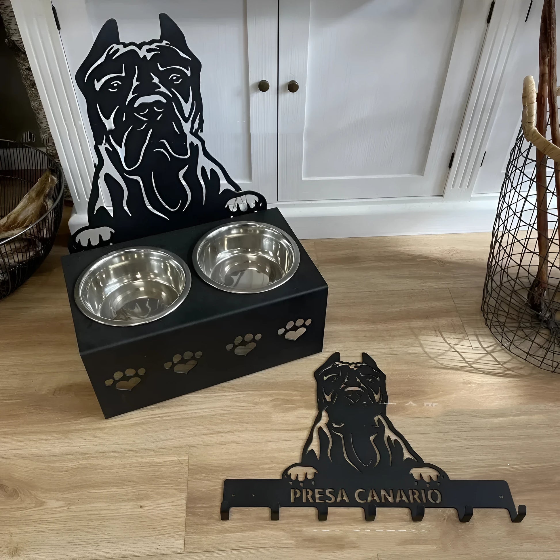 Personalised dog food bowl holder with stainless steel bowl and iron dog head, custom name option, 33cm by 17cm size