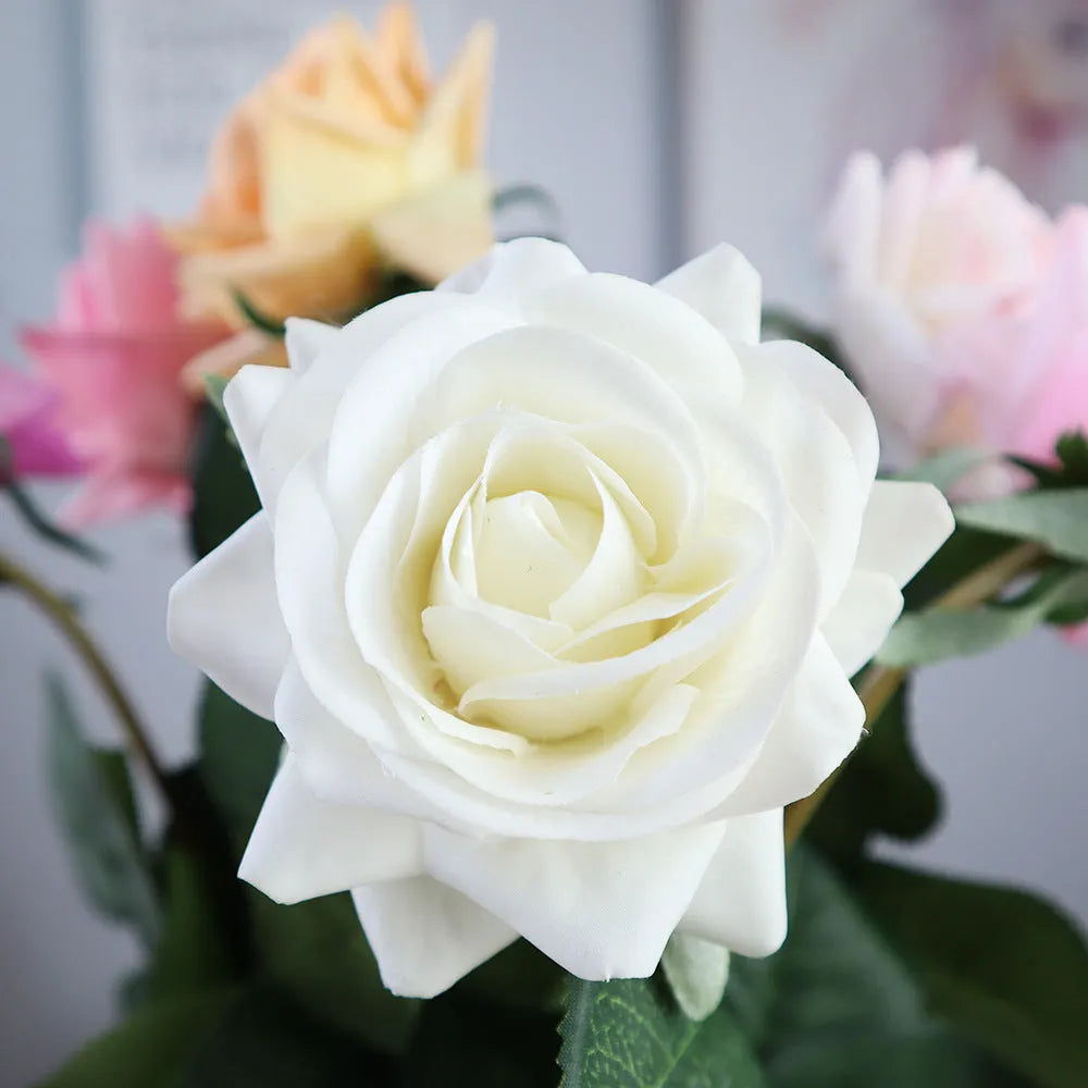 Artificial silk touch rose with fabric petals, approximately 42cm long, in a selection of colours