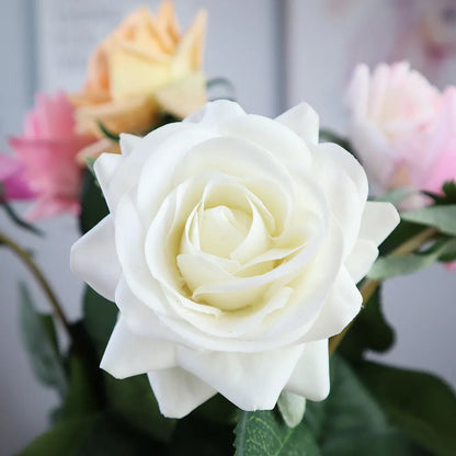 Artificial silk touch rose with fabric petals, approximately 42cm long, in a selection of colours