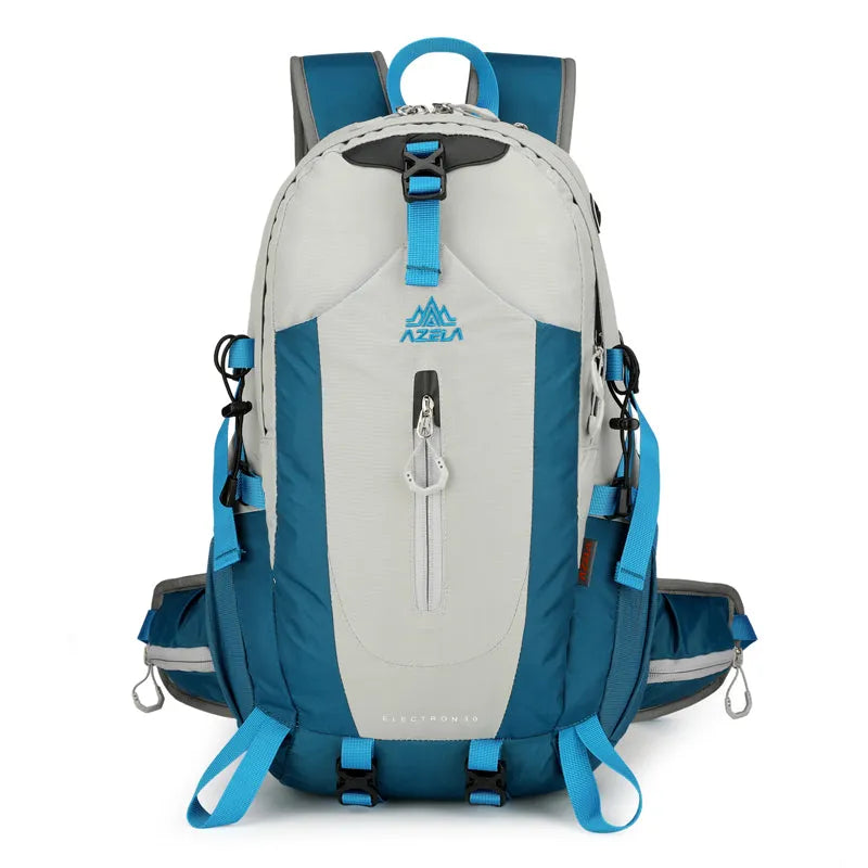 AZELA Electron 40L hiking backpack in white and navy with multiple compartments and adjustable straps