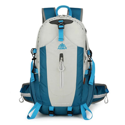AZELA Electron 40L hiking backpack in white and navy with multiple compartments and adjustable straps