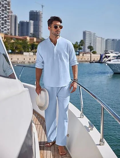 Men's casual cotton long sleeve trousers suit in solid colours on a hanger.