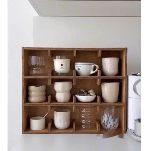 Solid birch wood square multi-layer grid storage rack with natural meridian colour grain