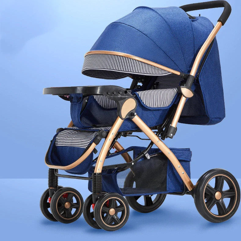Baby stroller with reversible seat in sky blue colour showing folded and unfolded configurations