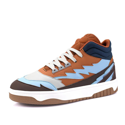 Men's high-top lace-up sneakers in brown with artificial leather uppers and rubber soles showing round toe design