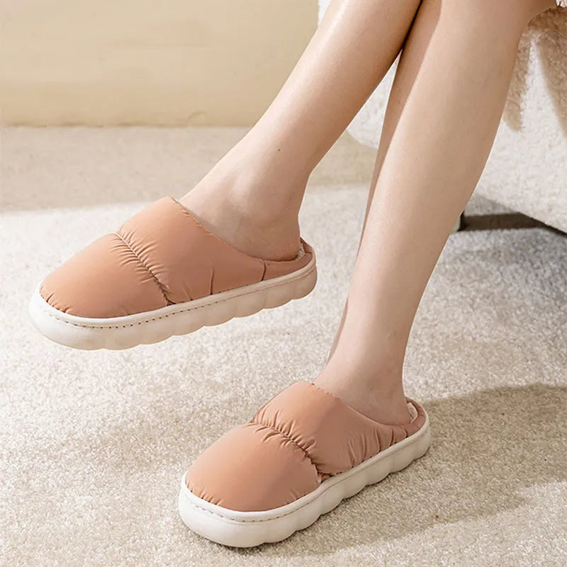 Down cotton slippers with artificial leather upper and rubber anti-slip sole in blue colour
