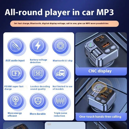 Car Bluetooth receiver with dual USB charging ports and FM transmitter for wireless audio streaming
