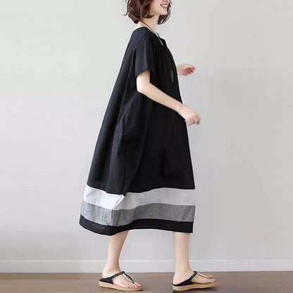 Black linen short sleeve dress for women in large size, perfect for summer.
