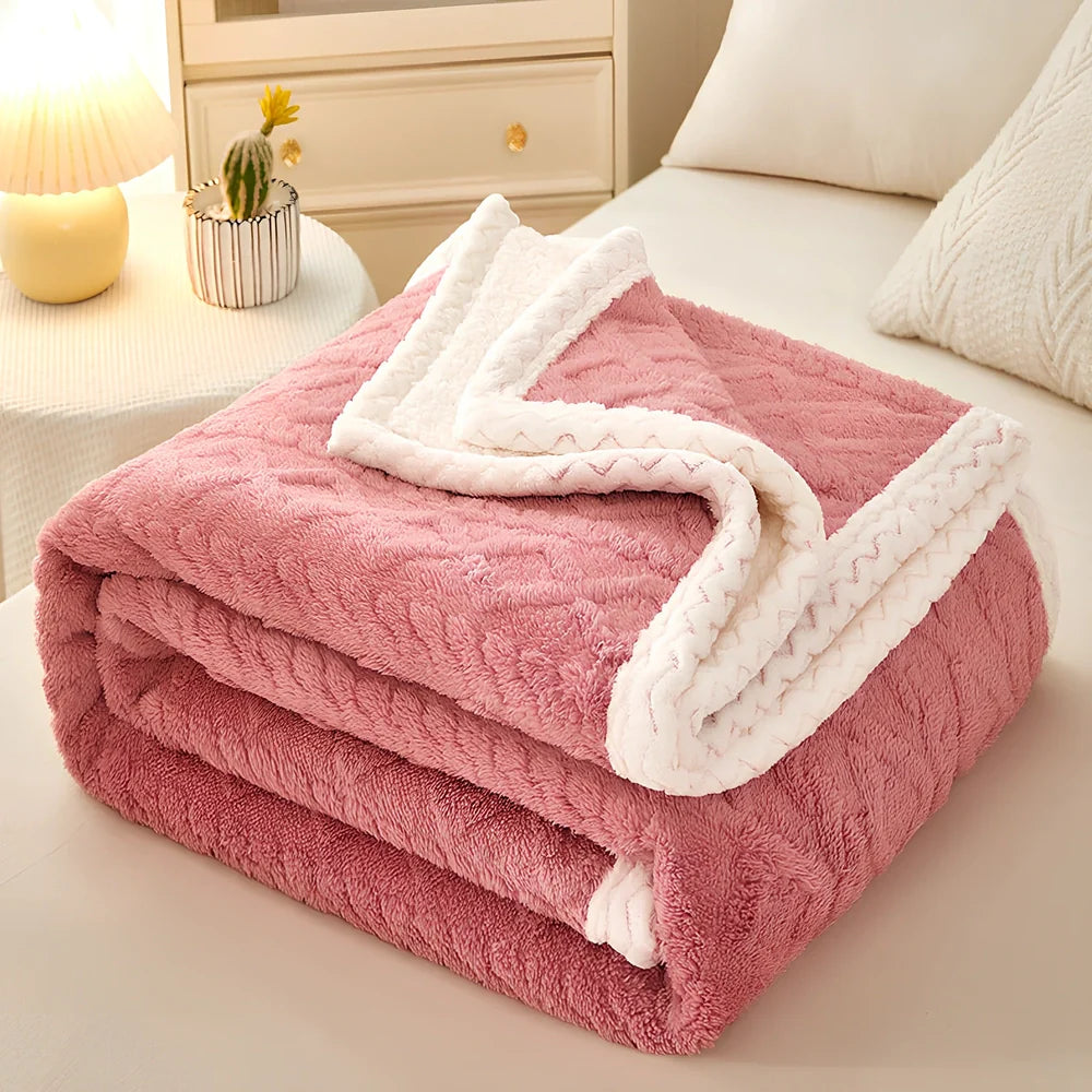 Double-thickened coral fleece sofa blanket in caramel colour showing dense texture and substantial thickness