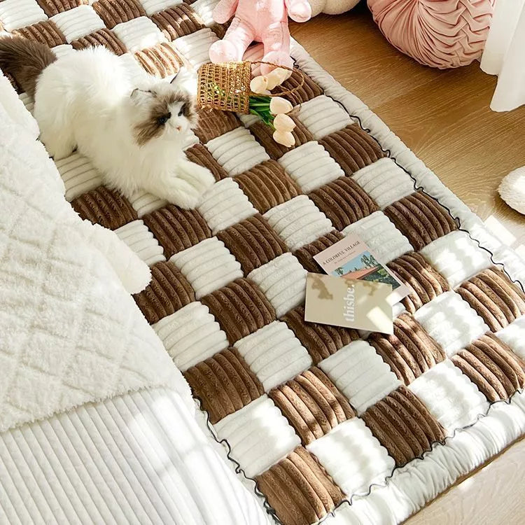 Plush Bedside Mats Non-slip Rectangular Carpet in deep coffee color