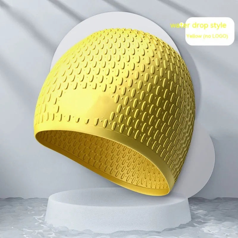 Silicone water drop swimming cap for adults shown in one of nine solid colours.