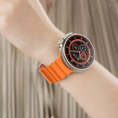 K9 smart watch with circular screen and silicone strap showing interface with health metrics