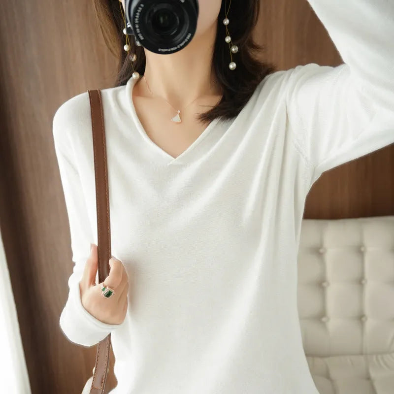 Women's V-neck long sleeve knitwear top in multiple colours with non-ironing fabric