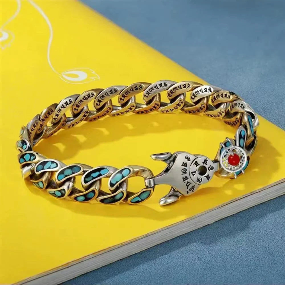 Men's Feng Shui Copper Bracelet with rotating nine eye pearl and turquoise inlay