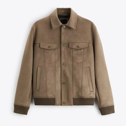 Men's suede velvet commuter jacket in British style with long sleeves, shown in mink colour.