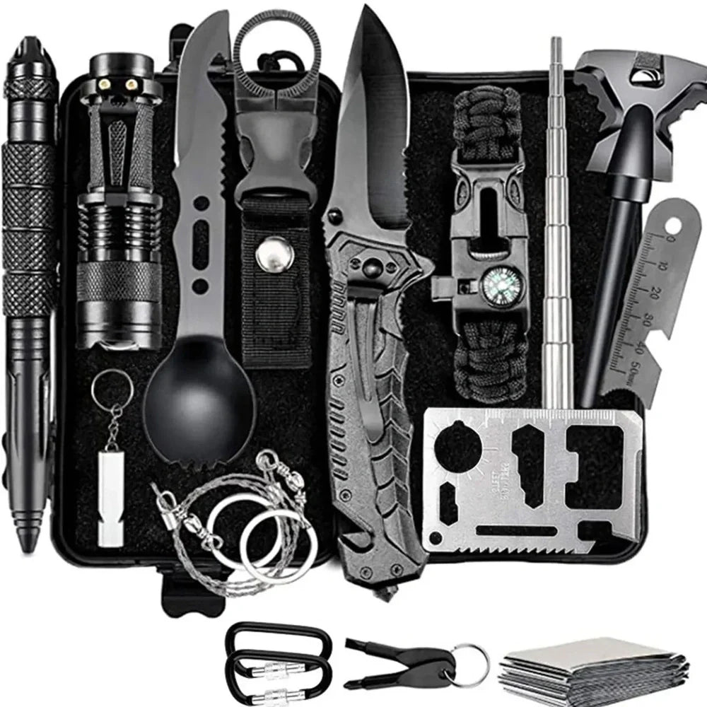 Outdoor survival kit with alloy multi-tool, emergency whistle, compass, and tools in waterproof plastic case