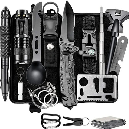 Outdoor survival kit with alloy multi-tool, emergency whistle, compass, and tools in waterproof plastic case
