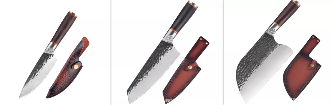 Forged Hammer Pattern Cutting Tool Stainless Steel Set with various knives and sheaths