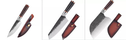 Forged Hammer Pattern Cutting Tool Stainless Steel Set with various knives and sheaths