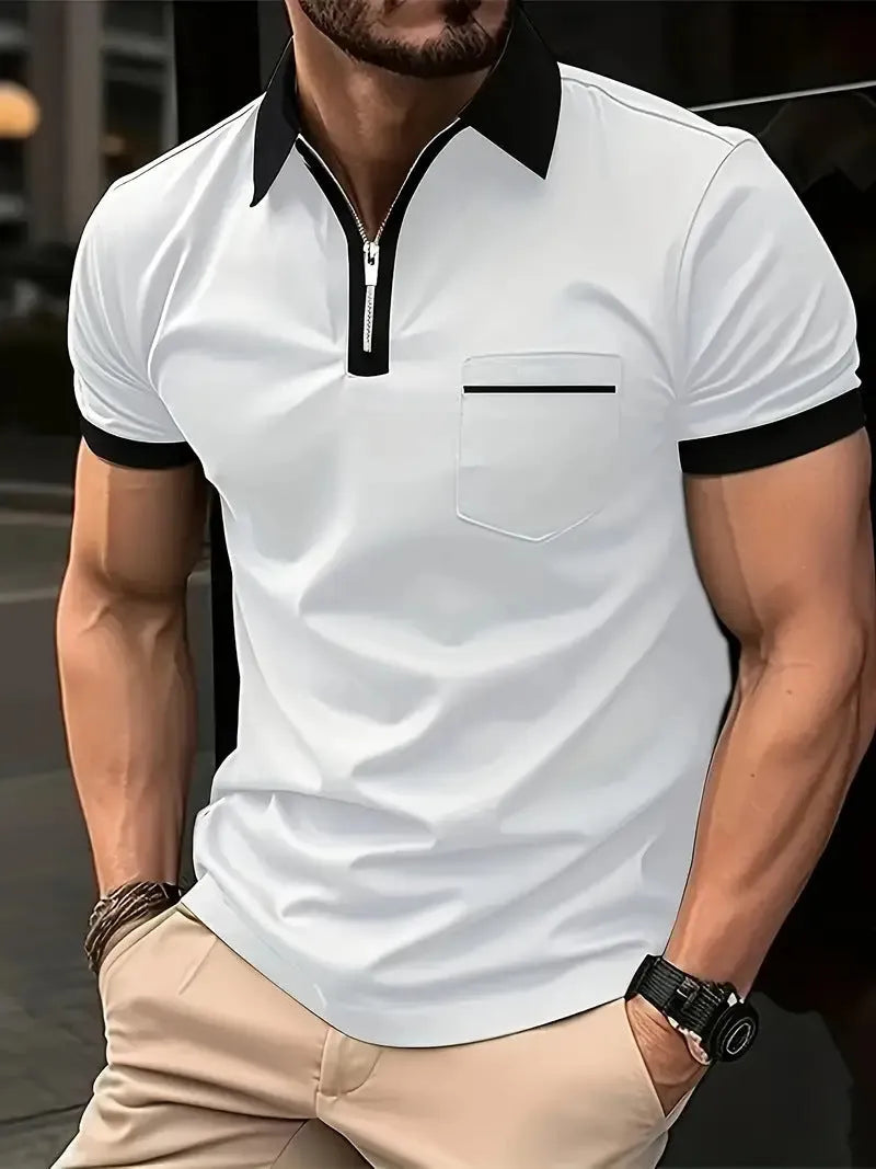 Men's short sleeve casual shirt with chest pocket zipper decoration in multiple colour combinations