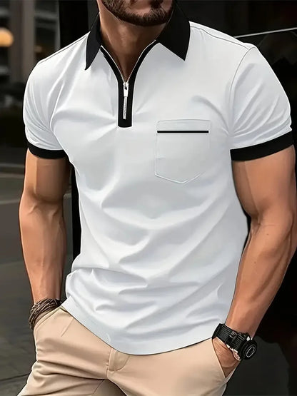 Men's short sleeve casual shirt with chest pocket zipper decoration in multiple colour combinations