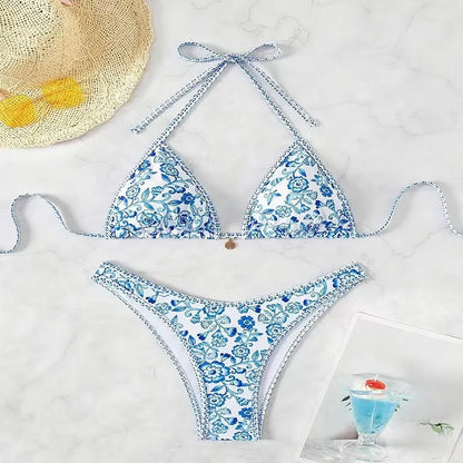 Women's blue and white porcelain print tube top bikini split swimsuit, sizes S to XL, polyester nylon spandex.
