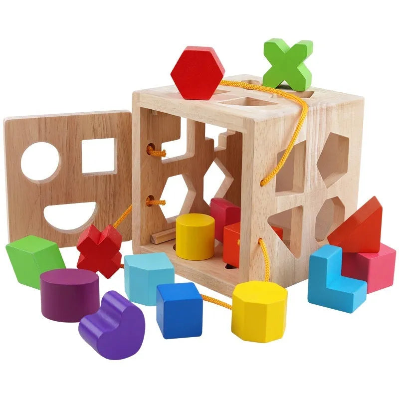 Wooden geometric shape matching building blocks with intelligence boxes for infants educational toy