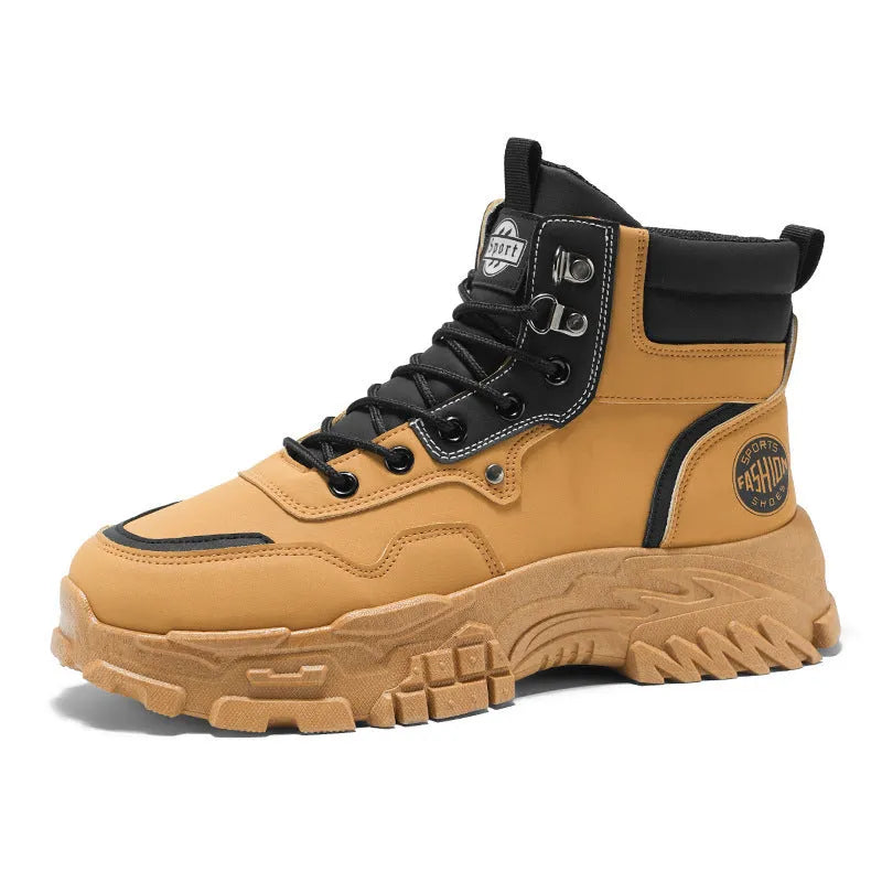 Men's mid-calf Martin boot in yellow with an artificial PU upper and injection-moulded sole.