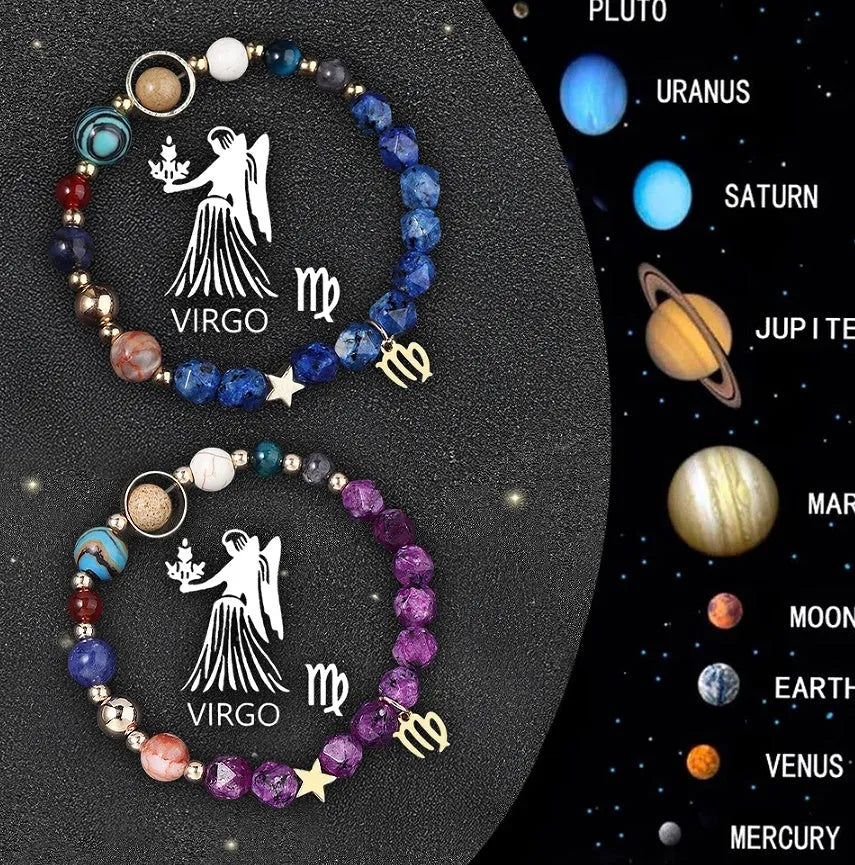 Twelve Zodiac Sign Beaded Bracelet Set with natural stone beads and adjustable cord on wrist